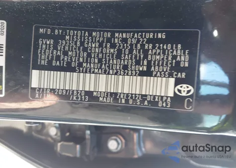 2022 Toyota Corolla Le from USA, damaged, VIN 5YFEPMAE7NP362892